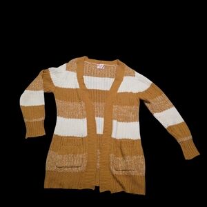 Striped Open-Front Cardigan Sweater in White And Mustard Yellow